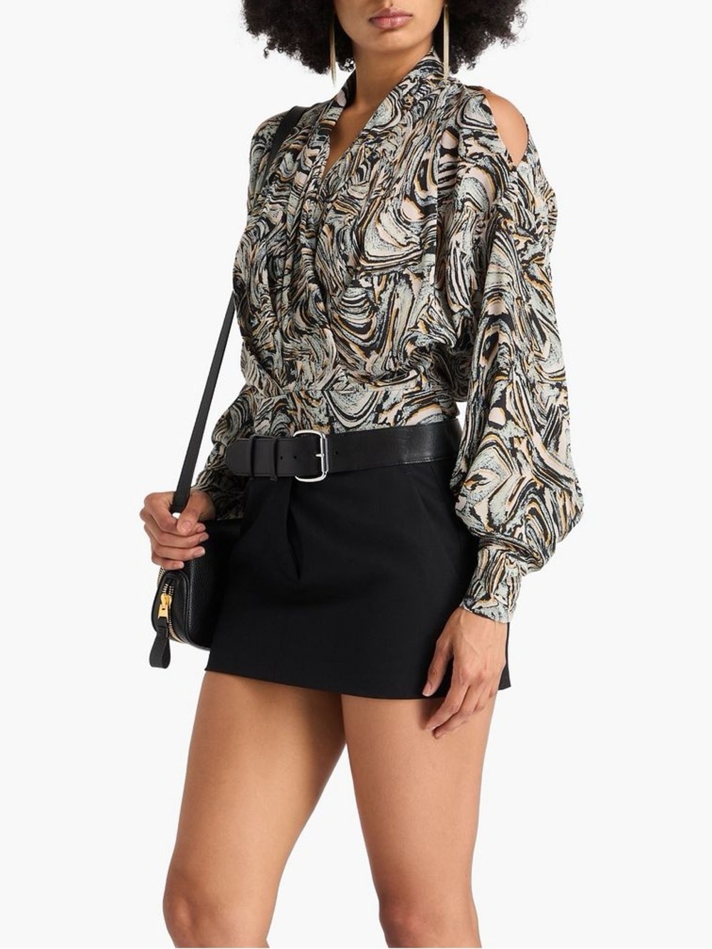 IRO Marble Effect Print Silk Crepe de Chine Drape Blouse XS